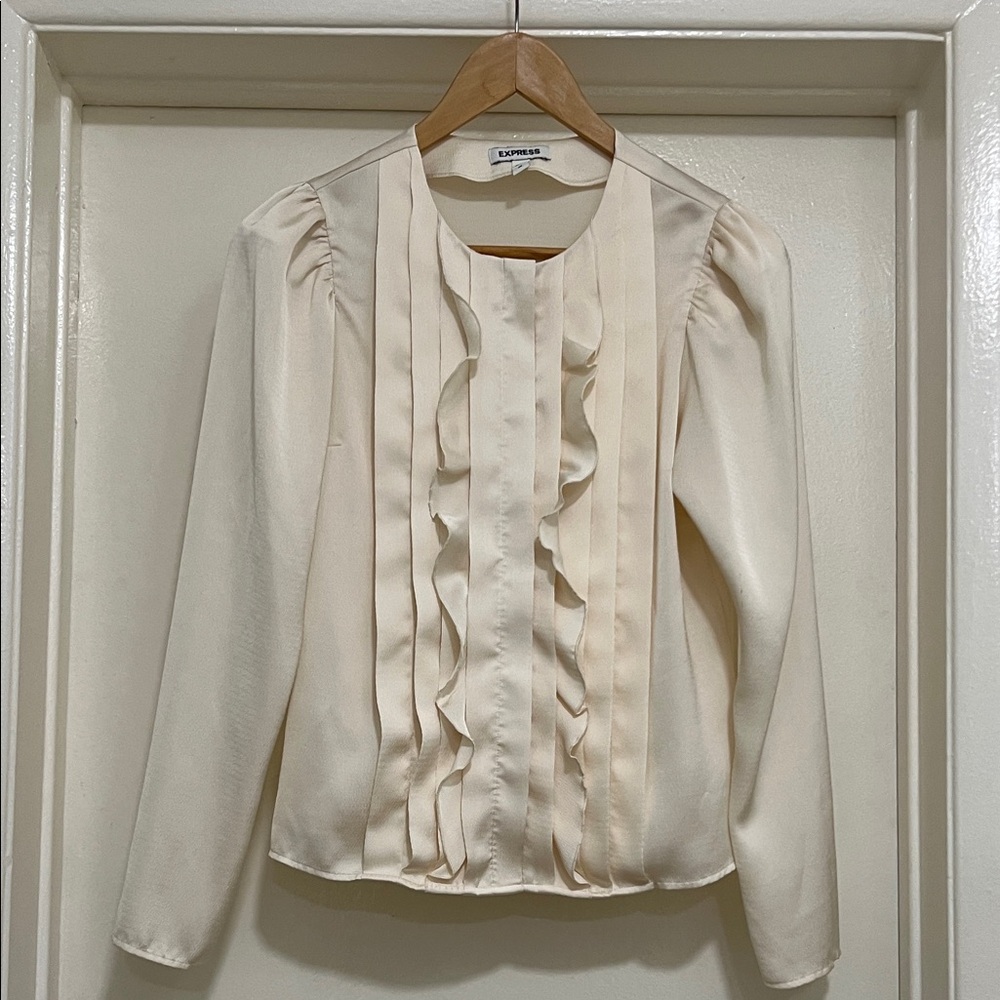 Express Modest Ivory Ruffle Front Blouse XS